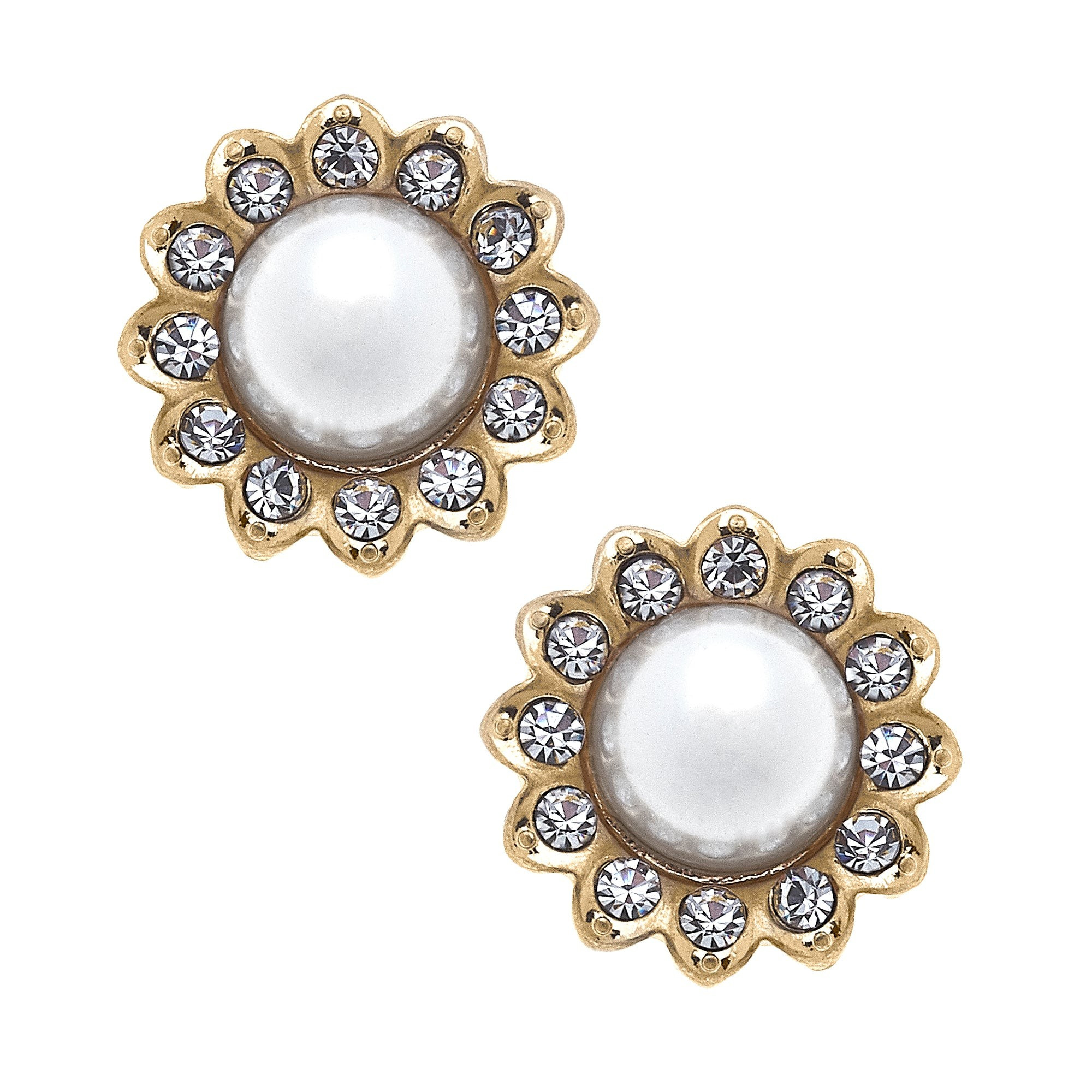 Walker Pearl and Pavé Flower Stud Earrings in Ivory | CANVAS