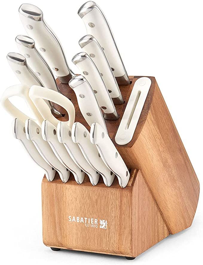 Sabatier Acacia Forged Triple Rivet Edgekeeper Knife Block Set, 15-Piece, White | Amazon (US)