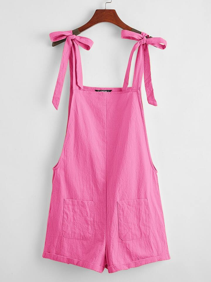 SHEIN EZwear Knot Strap Pocket Patched Pinafore Romper | SHEIN