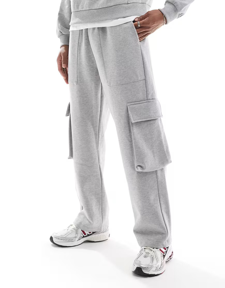 ASOS DESIGN premium 400gsm heavyweight wide leg cargo sweatpants in washed gray | ASOS (Global)