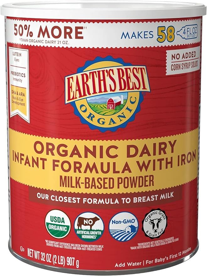 Earth's Best Organic Baby Formula, Dairy Based Powder Infant Formula with Iron, Non-GMO, Omega-3 ... | Amazon (US)