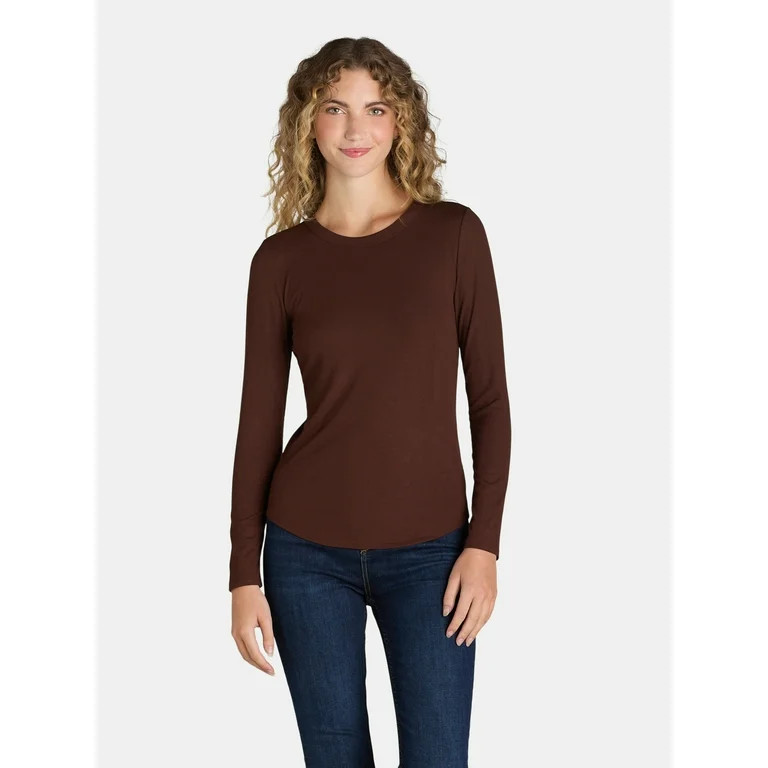 No Boundaries Ribbed Crewneck Tee with Long Sleeves, Women's and Women's Plus | Walmart (US)