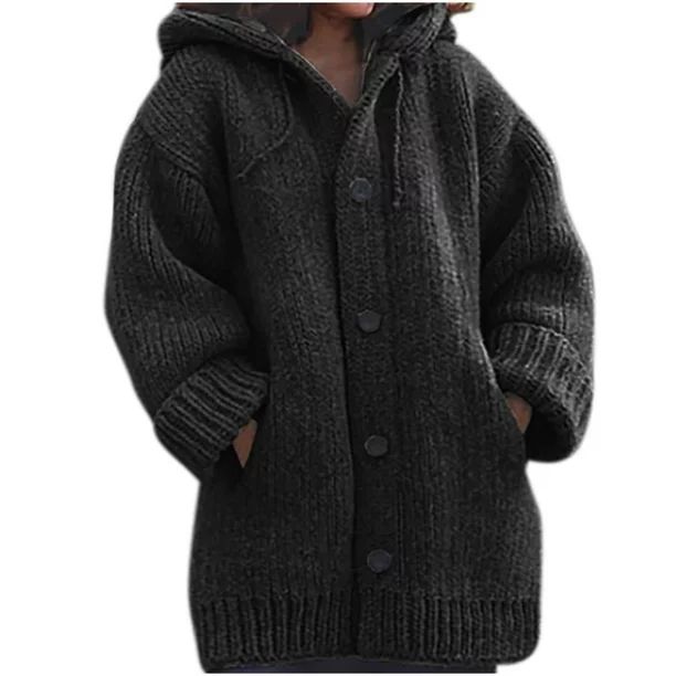jsaierl Women's Solid Color Single-Breasted Pocket Hooded Warm Knitted Sweater Coat Top - Walmart... | Walmart (US)