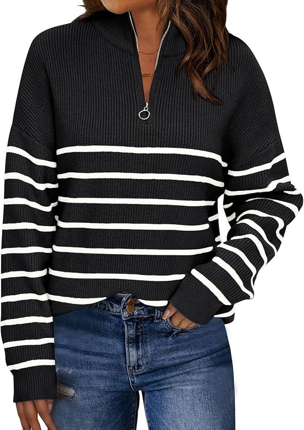 LILLUSORY Women's Quarter Zip Striped Oversized Sweater 2026 Mock Turtleneck Fall Fashion Outfit | Amazon (US)
