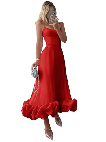 Bedlover Midi Satin Prom Dresses 2025 Plus Size Tea Length Spaghetti Straps Flounce Ruffle Formal Evening Party Gowns Lace Up Back US24W Red | Amazon (US)