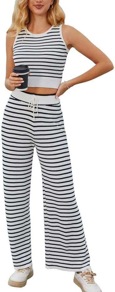 Women's Two Piece Sets Summer Sleeveless Crop Tops Wide Leg Pant Sets | Amazon (US)