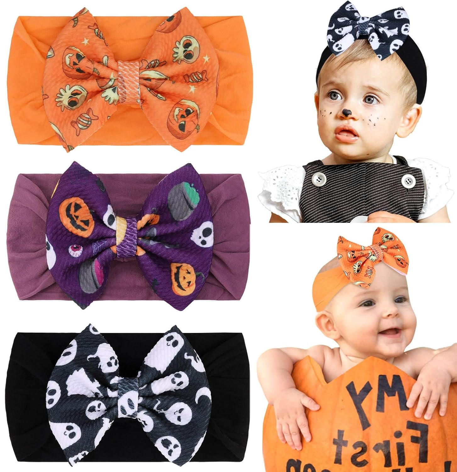 VOBOBE Halloween Baby Headband Cheer Bow, Orange Pumpkin Hair Bow Ghost Printed Elastic Nylon Hal... | Amazon (US)