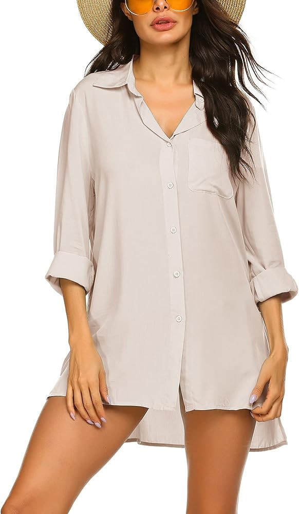 Ekouaer Women's Beach Bikini Cover-up Long Roll-up Sleeve Beach Shirt Bathing Suit Cover Up | Amazon (US)