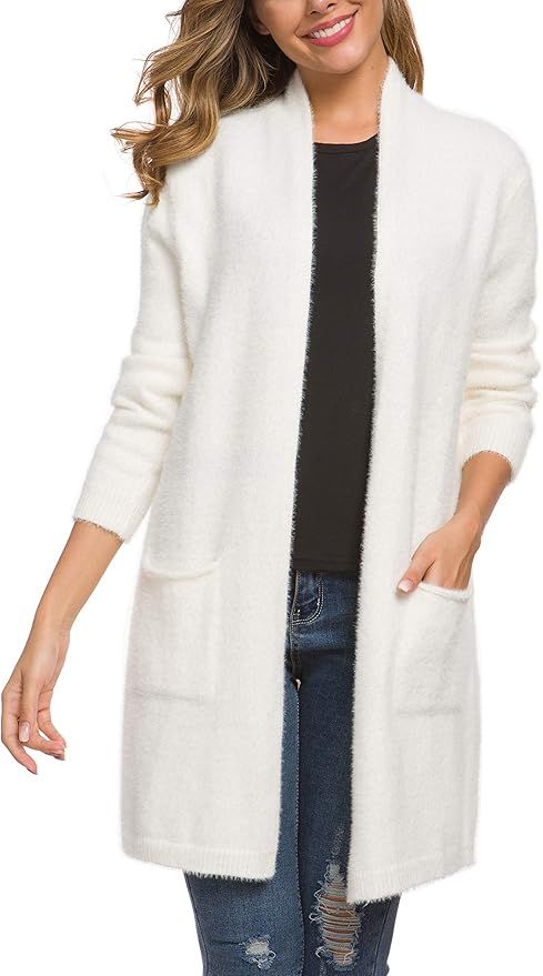 QIXING Women's 2022 Casual Open Front Knit Cardigans Long Sleeve Plush Sweater Coat with Pockets | Amazon (US)