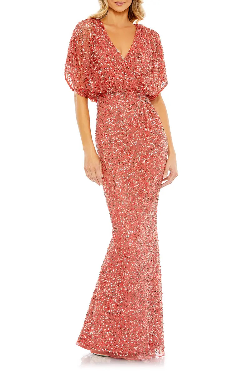 Sequin Draped Sleeve V-Neck Gown | Nordstrom