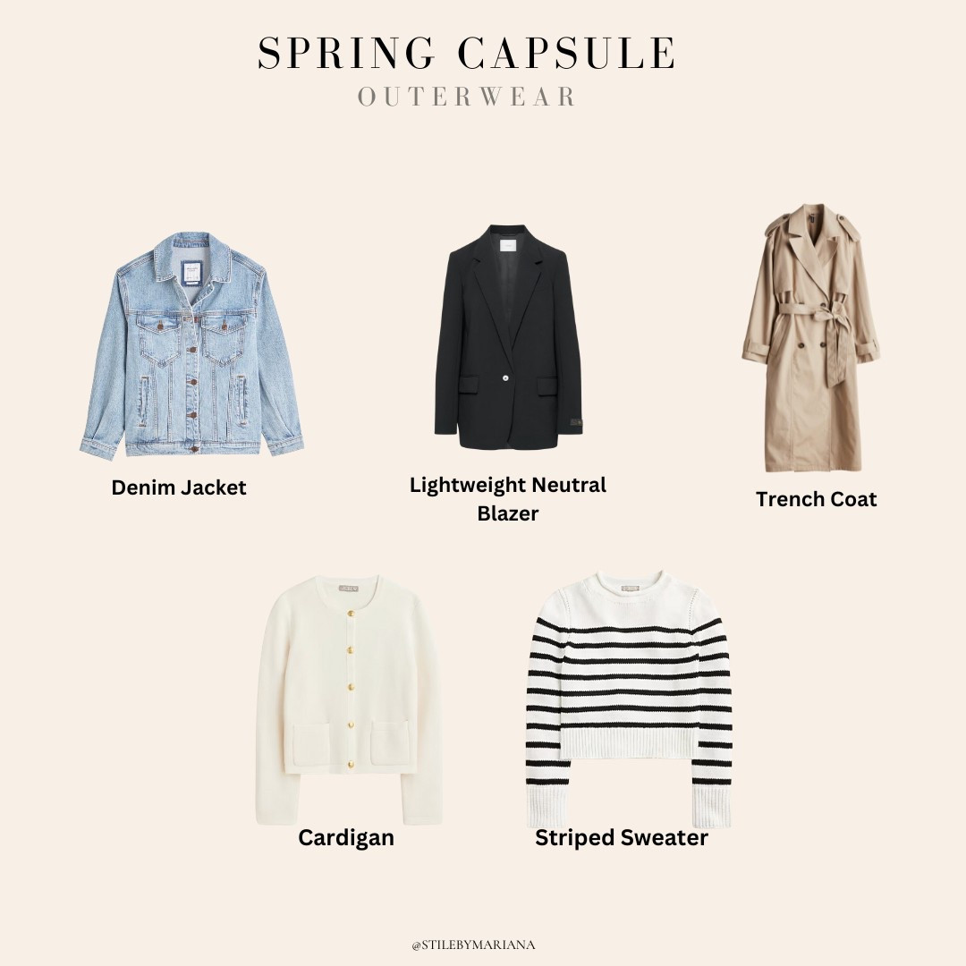 Spring Capsule outerwear 

Light layers are essential for unpredictable spring weather. These timeless outerwear pieces will keep you stylish and comfortable:

• Jean Jacket – The perfect casual layer for cooler mornings and evenings.

• Blazer – Elevates any outfit, whether paired with jeans or tailored pants.

• Trench Coat – A classic staple for rainy days and polished looks.

• Striped Sweater – A chic, lightweight knit that adds effortless style.

• Cardigan – Cozy yet breathable for layering over tanks and tees.

#LTKFindsUnder100 #LTKSeasonal #LTKStyleTip