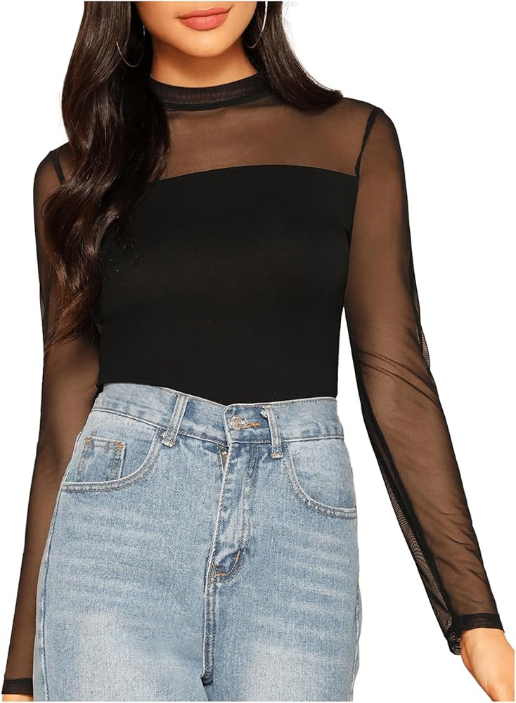 SweatyRocks Women's Mock Neck Long Sleeve Mesh Insert Elegant Blouse Tops | Amazon (US)
