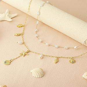 Shell Charm Necklace For Women Stack 14k Gold Plated Seashell Pearl Necklace Dainty Starfish Beac... | Amazon (US)