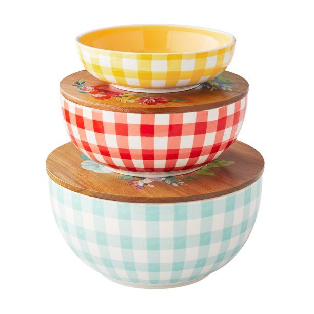 The Pioneer Woman Floral Check 3-Piece Ceramic Lidded Bowl Set | Walmart (US)