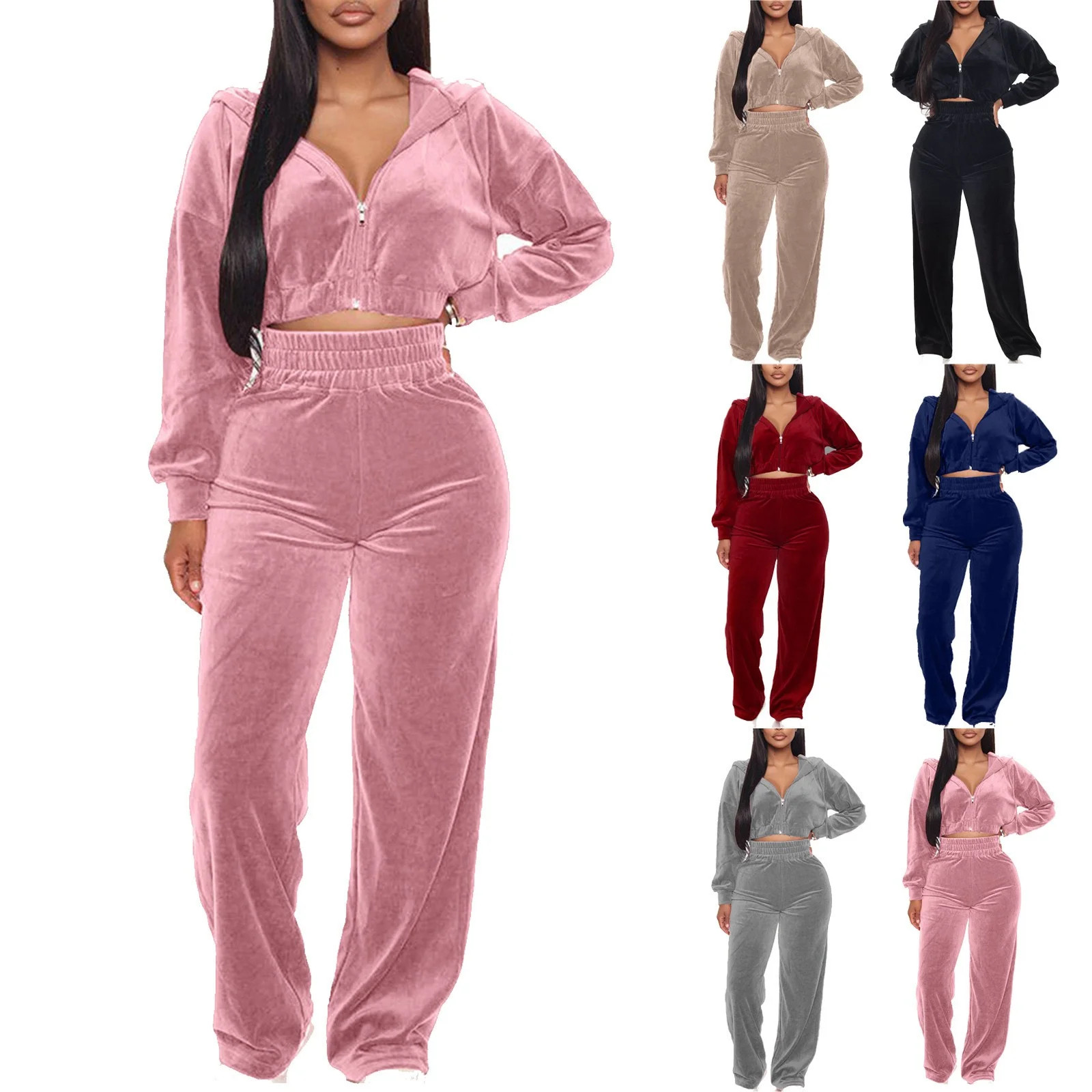 YUGYXL Women Velour Sweatsuits 2 Piece Tracksuit Sets Full Zip Cropped Hoodie Sweatshirt Jacket W... | Walmart (US)