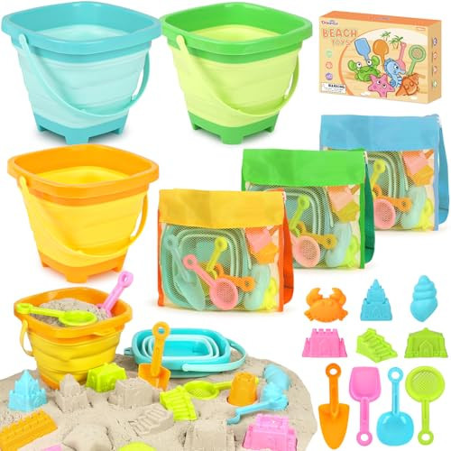 Dreamon Beach Toys for Kids 3-10, Collapsible Sand Toys Include 3 Pack Foldable Buckets with Mesh Bag, 24 PCS Beach Mold and Shovels Molds, Travel Sandbox Beach Toys for Toddler | Amazon (US)