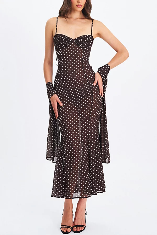 Miss Circle Yadira Mesh Chiffon Polka Dot Dress in Brown, Women's at Urban Outfitters | Urban Outfitters (US and RoW)
