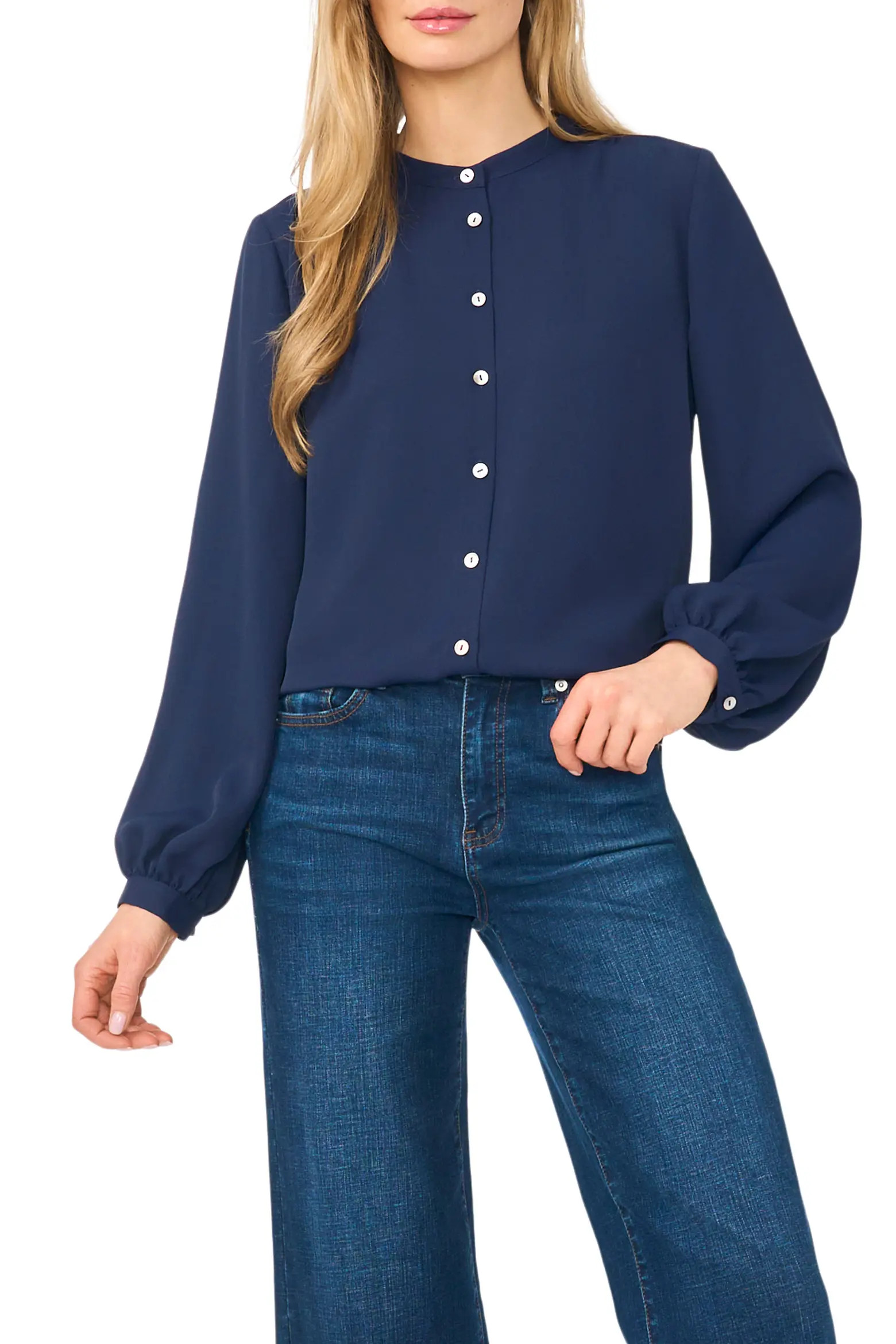 Shirred Mock Neck Button-Up Shirt (Women) | Nordstrom | Nordstrom