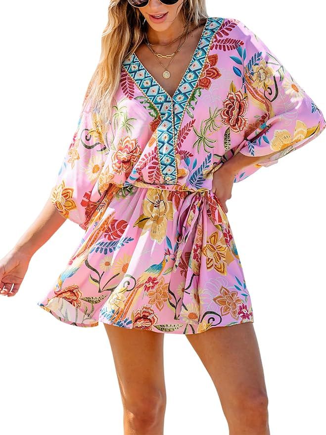 CUPSHE Women's Mini Dress V Neck Floral Half Dolman Sleeve Belted Loose Fit Short Summer Beach Dr... | Amazon (US)