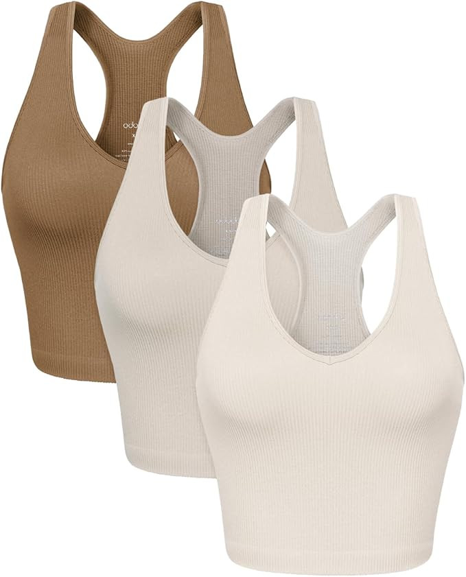 ODODOS 3-Pack Seamless Racerback Crop Tank for Women Ribbed Knit Soft Crop Tops | Amazon (US)