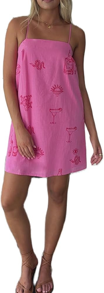 NUFIWI Women Boho Graffiti Cami Mini Dress Spaghetti Strap Printed A Line Short Dress Backless Cu... | Amazon (US)