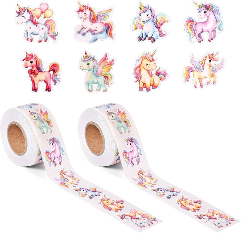 2 Rolls Unicorn Rainbow Sticker, 1000pcs Cute Cartoon Unicorn Decals DIY Craft Multicolor Reward ... | Amazon (US)
