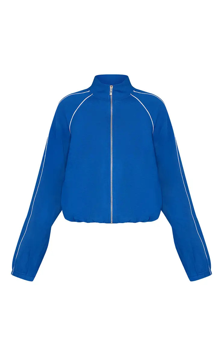 Cobalt Interlock Contrast Piping Bomber Sweatshirt | PrettyLittleThing US