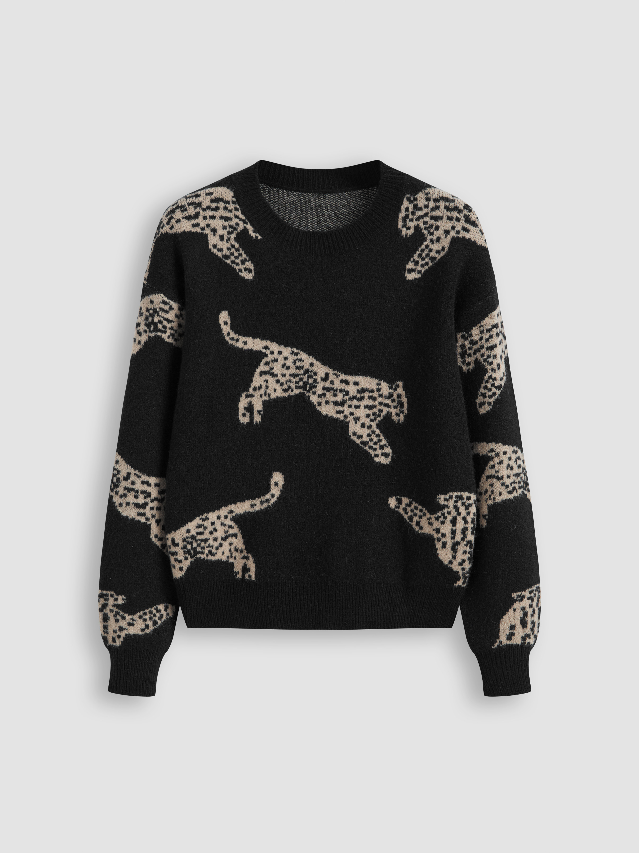 Knit Fabric Knit Round Neckline Leopard Sweater For Work | Cider