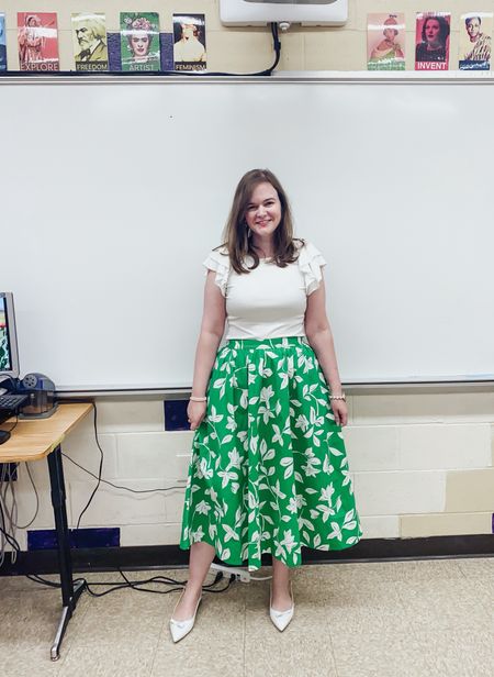 Green poplin midi skirt with pockets. I ordered my normal size but could’ve sized down 
White ruffle tank 
Sarah Flint leather sling backs - go up half a size

#LTKshoecrush #LTKstyletip #LTKworkwear