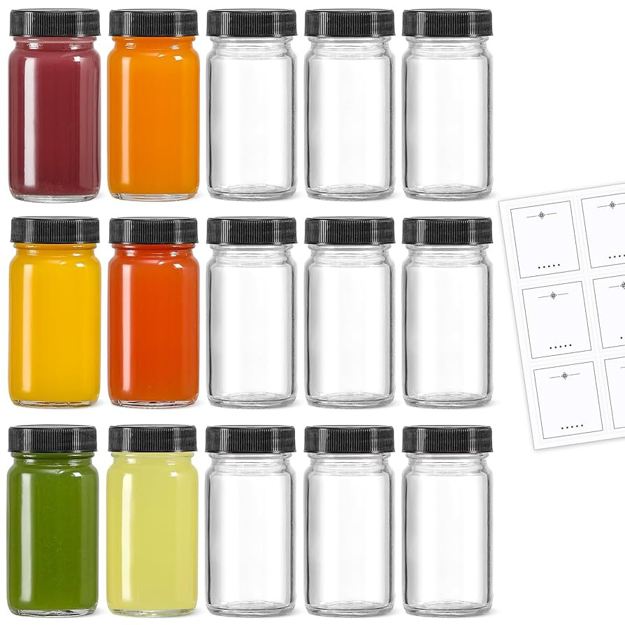 15 Pack 2 oz Glass Shot Mini Bottles w/ Black Lids & 15 Labels - Small Clear Jar for Ginger, Well... | Amazon (US)