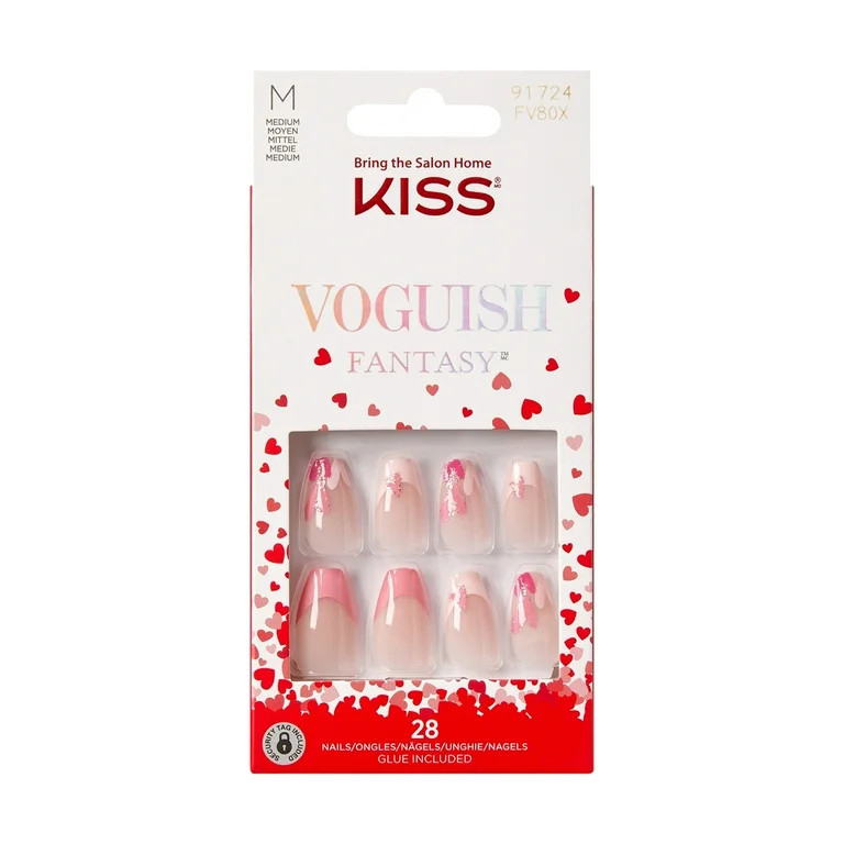 KISS Voguish Fantasy Valentine Press-On Nails, ‘Pink Drinks’, Pink, Medium Coffin, 31 Ct. | Walmart (US)