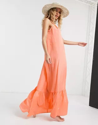 ASOS DESIGN tiered maxi beach dress in coral pink | ASOS (Global)