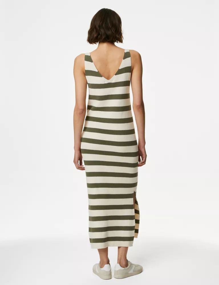 Cotton Rich Knitted Striped V-Neck Midi Dress | Marks & Spencer (UK)