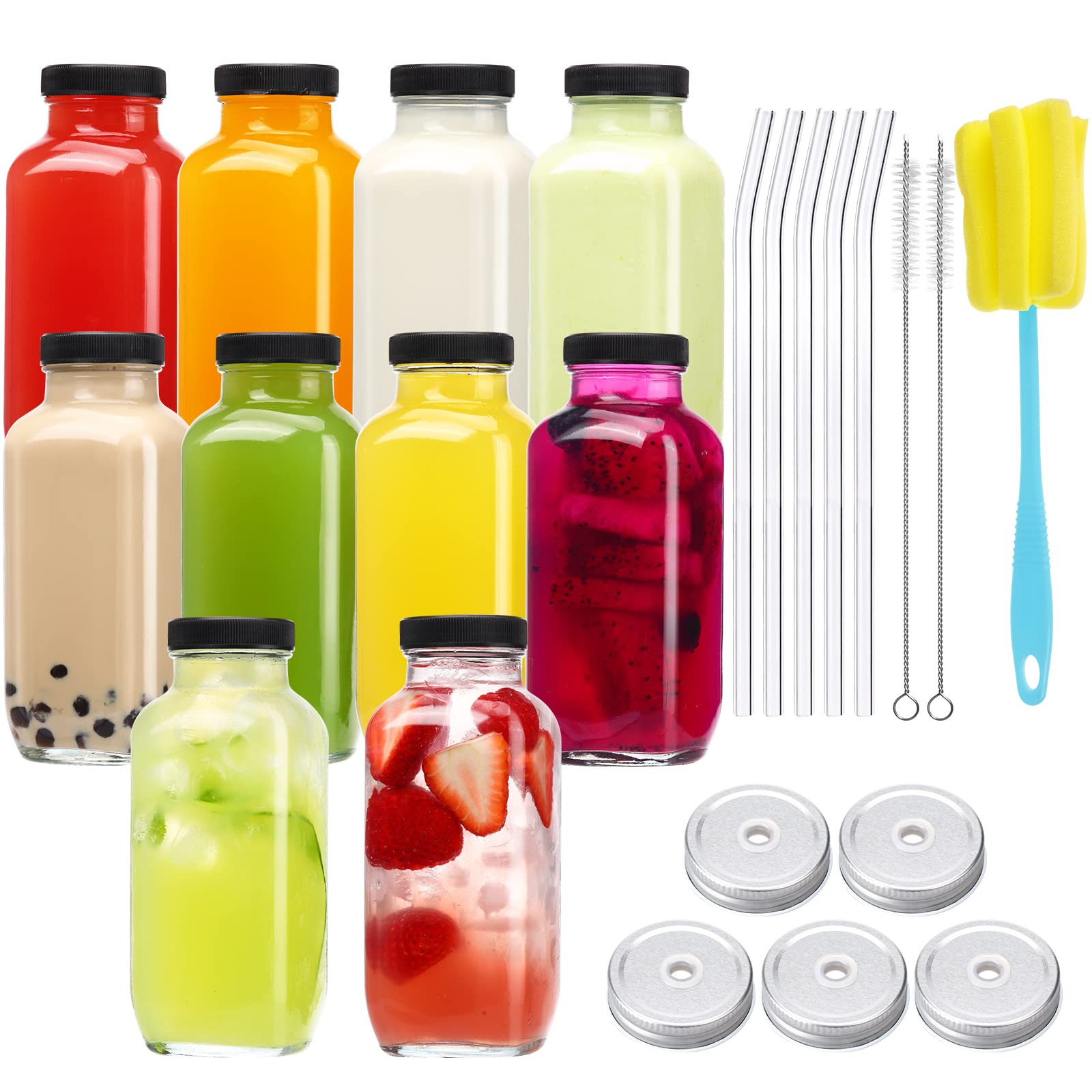 CUCUMI Glass Juice Bottles 16oz with Glass Straws | Amazon (US)