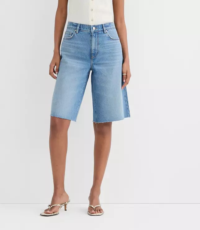 Rivete Tall Curvy High Rise Denim Bermuda Shorts in Vintage Mid Wash | LOFT