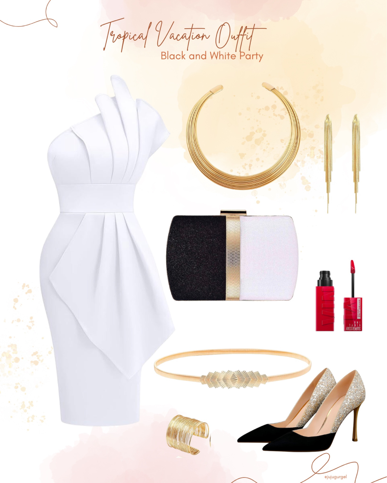 Black and white party tropical vacation outfit idea in white and black with gold details and jewelry. #founditonamazon #amazonfasion

#LTKfindsunder50 #LTKfindsunder100 #LTKparties