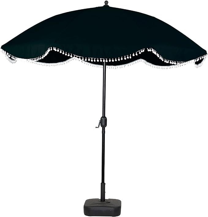 9' Patio Umbrella with Black Canopy and White Fringe Accents, Black Frame Market Umbrella for Pat... | Amazon (US)