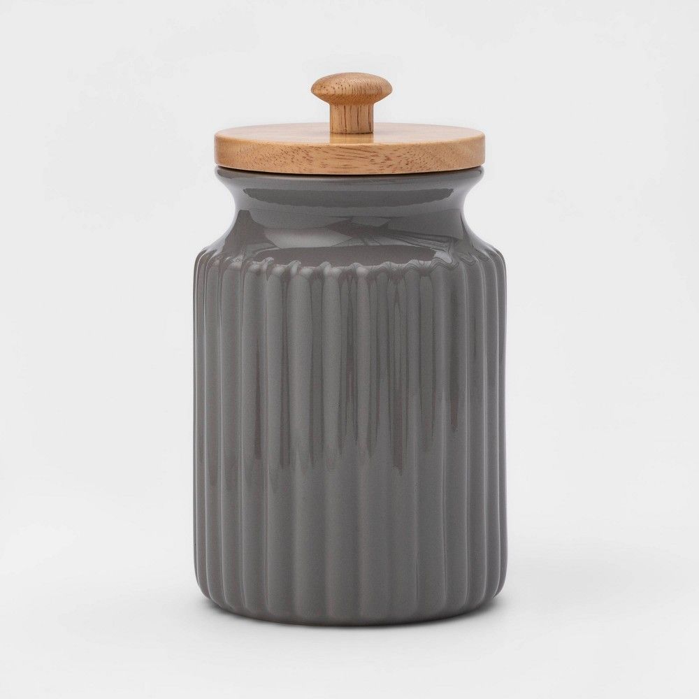 30oz Stoneware Ribbed Food Storage Canister with Wood Lid Gray - Threshold | Target