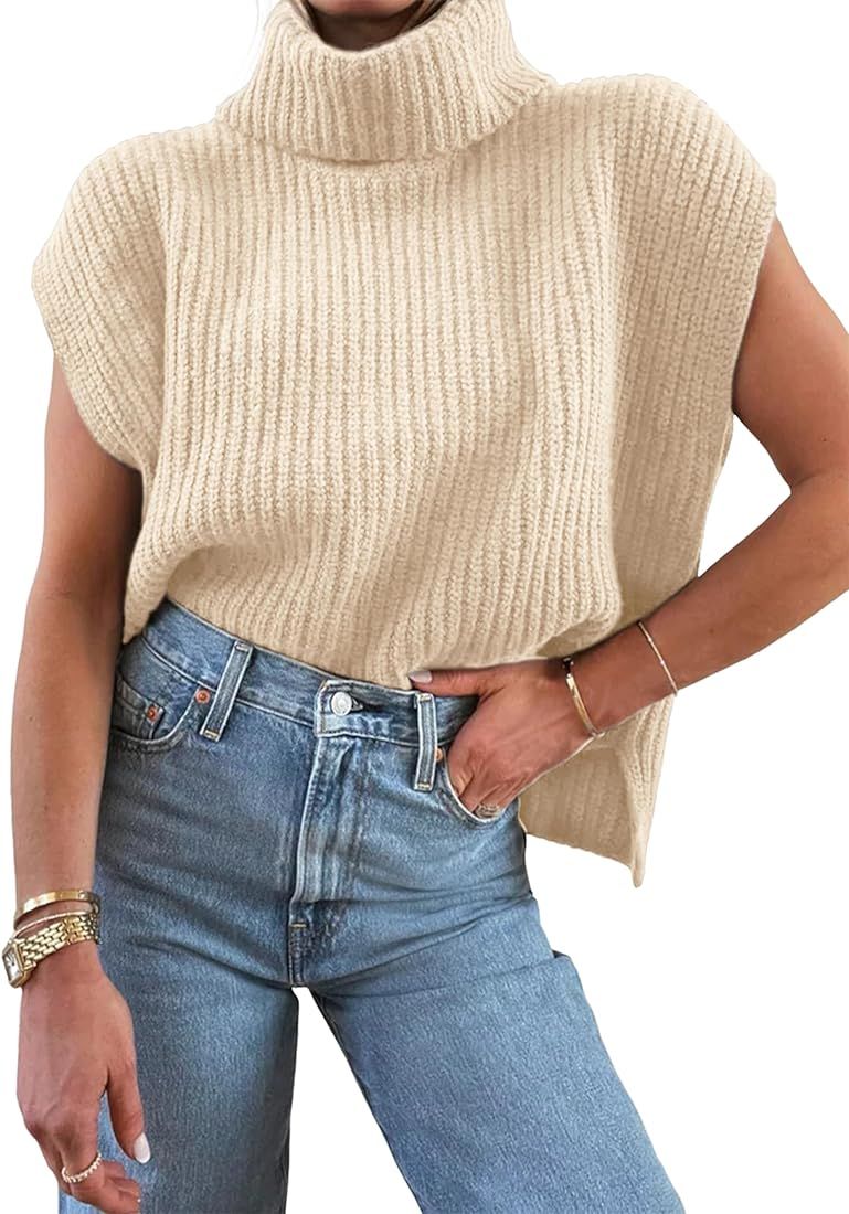UANEO Women Sweater Vest Oversized Cap Sleeve Turtleneck Sleeveless Knit Sweater Top | Amazon (US)