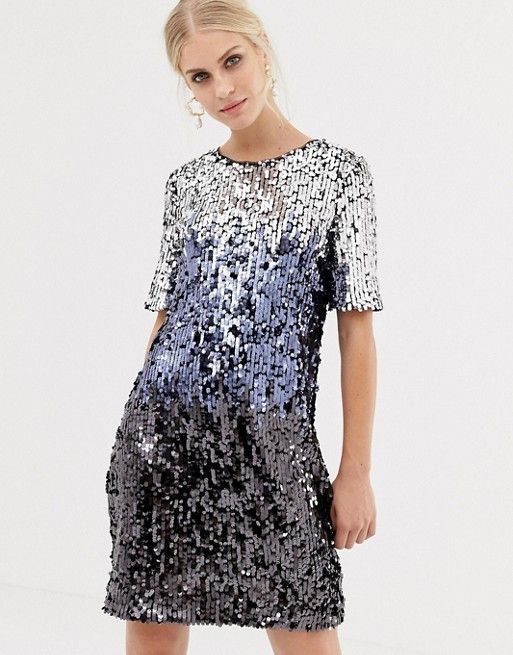 Oasis sequin t-shirt dress in silver ombre | ASOS US