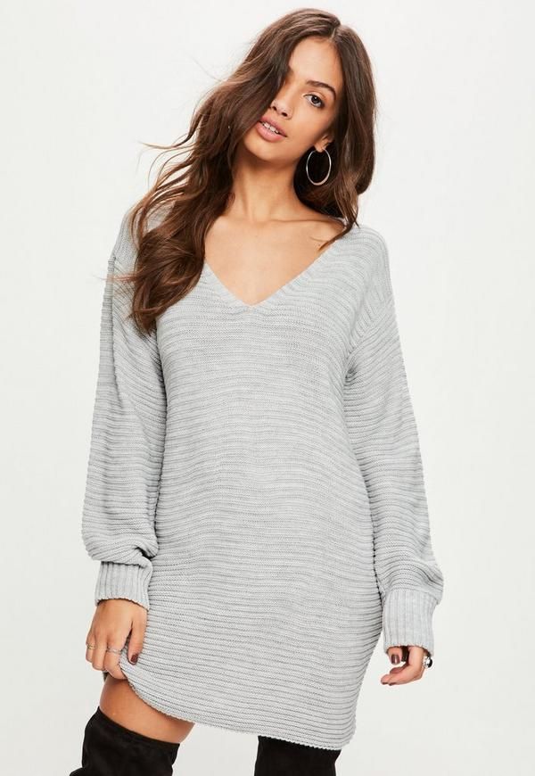 Gray V Front Knitted Sweater Dress | Missguided (US & CA)