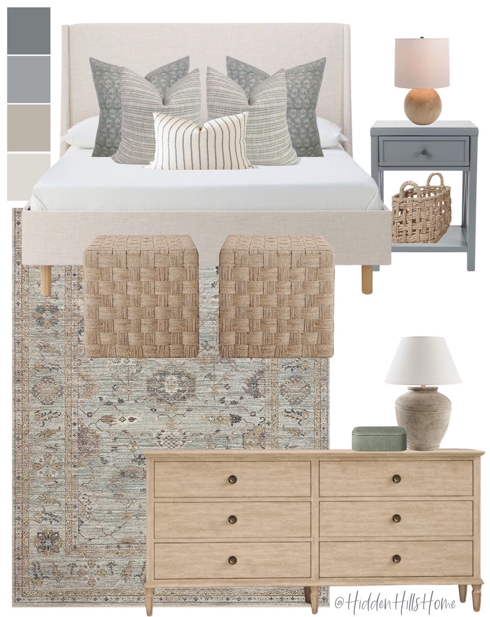 Bedroom decor, home decor, bedding, nightstands, bedroom rug, coastal bedroom decor, dresser #bedroom #home