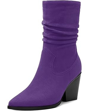 Women's Purple Faux Suede Mid-Calf Boots, Chunky Heel, Pointed Toe, Side Zipper, Casual Fashion B... | Amazon (US)