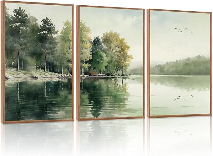 KAIRNE Framed Nature Canvas Wall Art Set,Misty Forest Wall Decor,Green Mountain Forest Pictures,L... | Amazon (US)