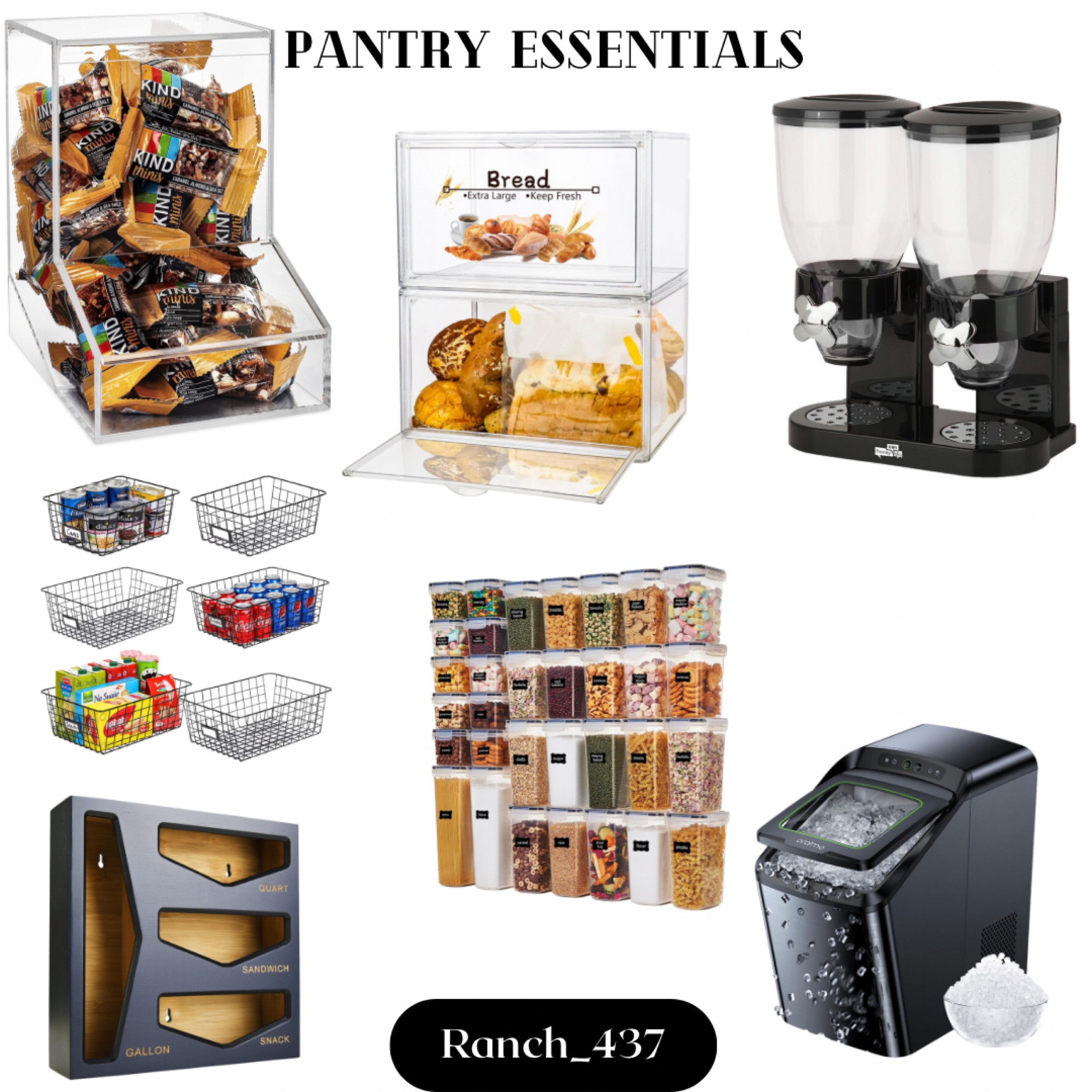Pantry Essentials 

Cereal dispenser, bread organizer, nugget ice maker, candy dispenser, baggie storage organizer, food storage containers, wire storage baskets 

#LTKunder50 #LTKsalealert #LTKhome