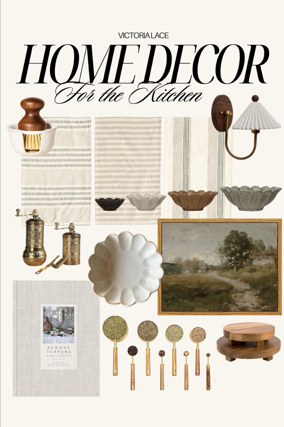 Home Decor for the Kitchen! All the organic neutral textures. I think these little accents bring so much character and charm to a home, especially your kitchen. Pictured are scalloped nesting bowls, antique brass salt and pepper (designer dupe), moody wall art paintings, wall sconces, hand towels, cute soap scrubber, and more!! Follow my shop for more affordable yet luxe home decor ideas 🤎

#LTKhome