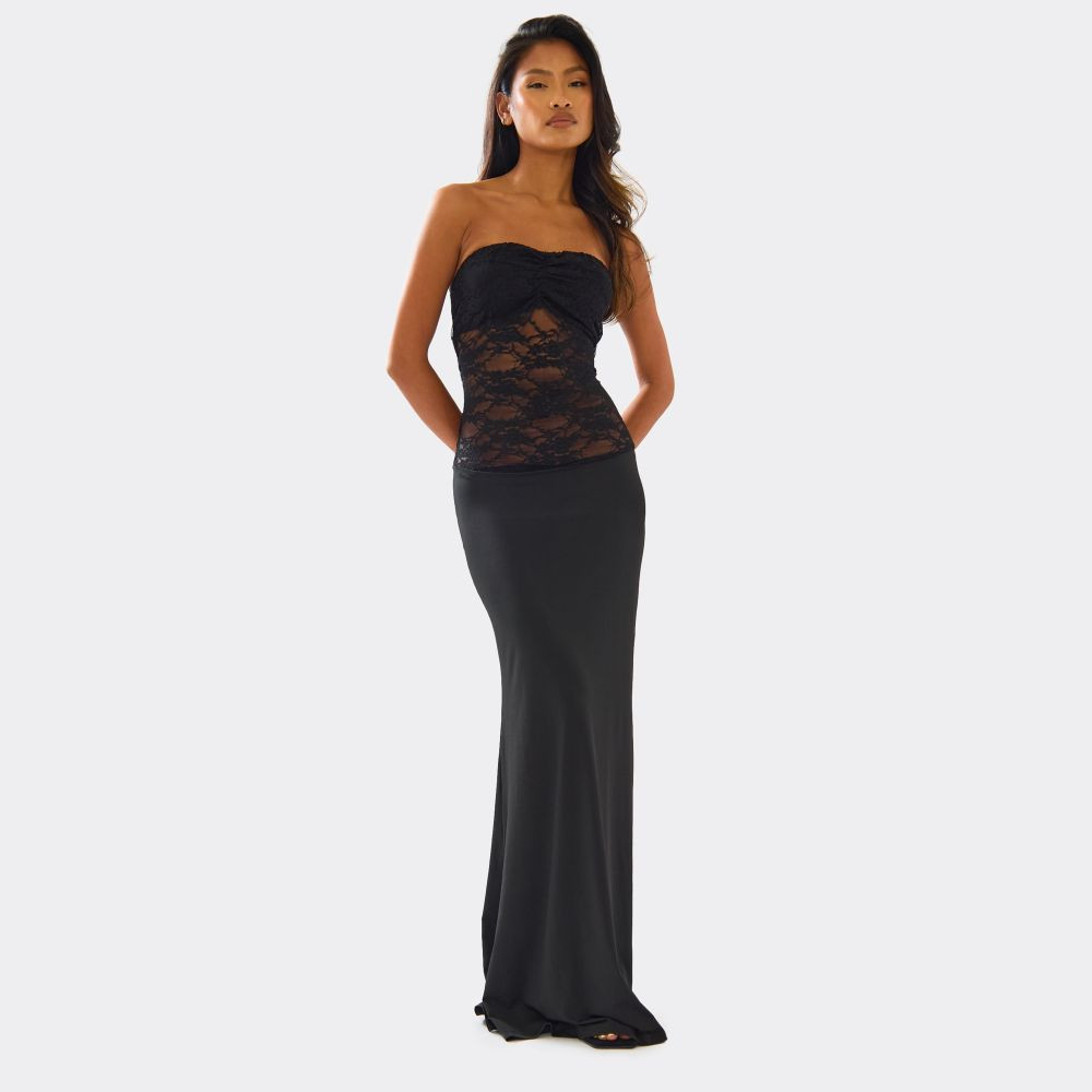 Bandeau Twist Bust Contrast Lace Detail Maxi Dress In Black | EGO (UK)