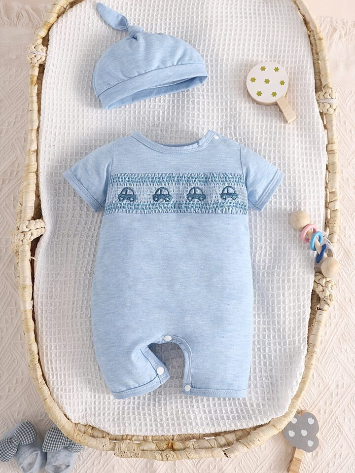 Baby Boy Car Embroidery Shirred Jumpsuit | SHEIN