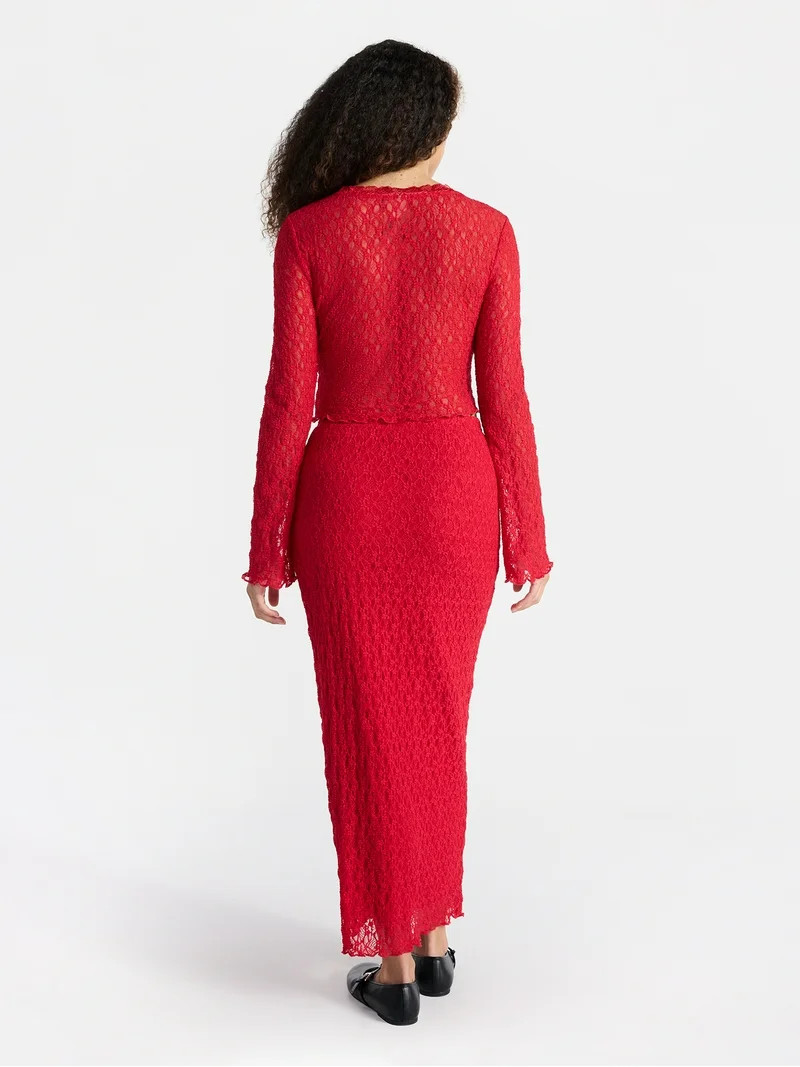 No Boundaries Lace Long Sleeve Crop Top and Midi Skirt Set, 2-Piece, Women’s | Walmart (US)