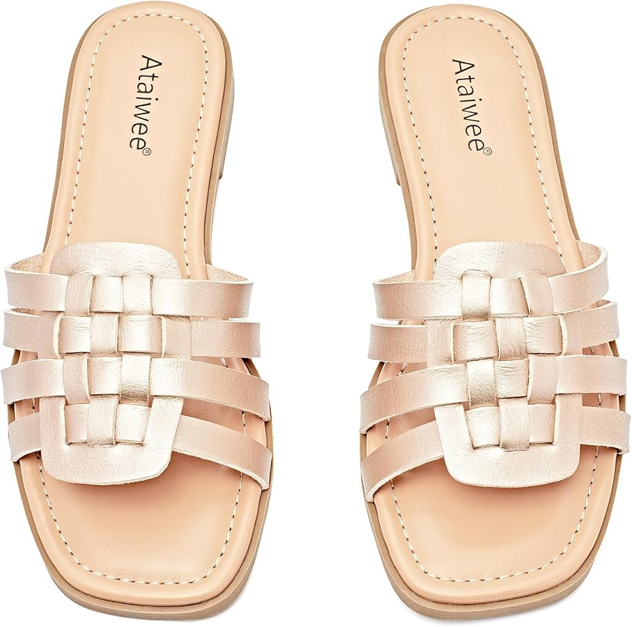 Ataiwee Women's Wide Width Flat Slide Sandals - Casual Cute Dressy Strappy Slip on Flat Summer Sh... | Amazon (US)